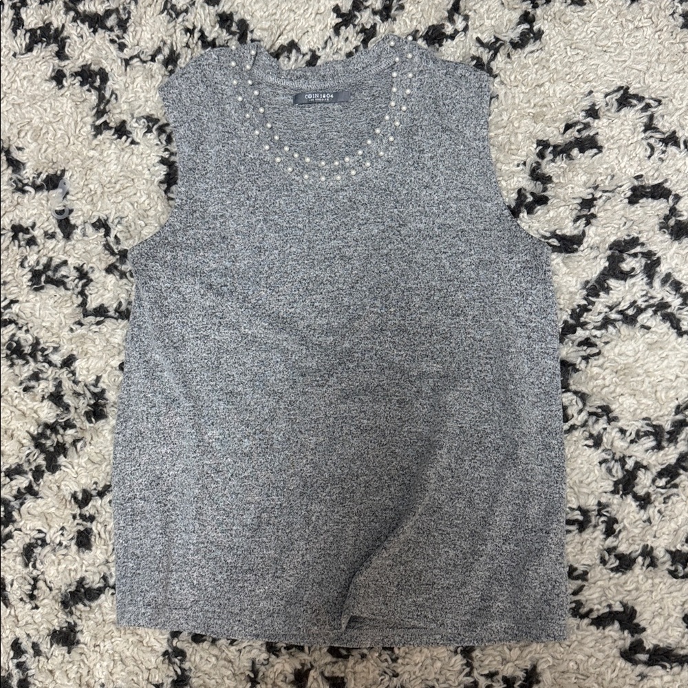 Gray Sleeveless Top with Pearl Accents